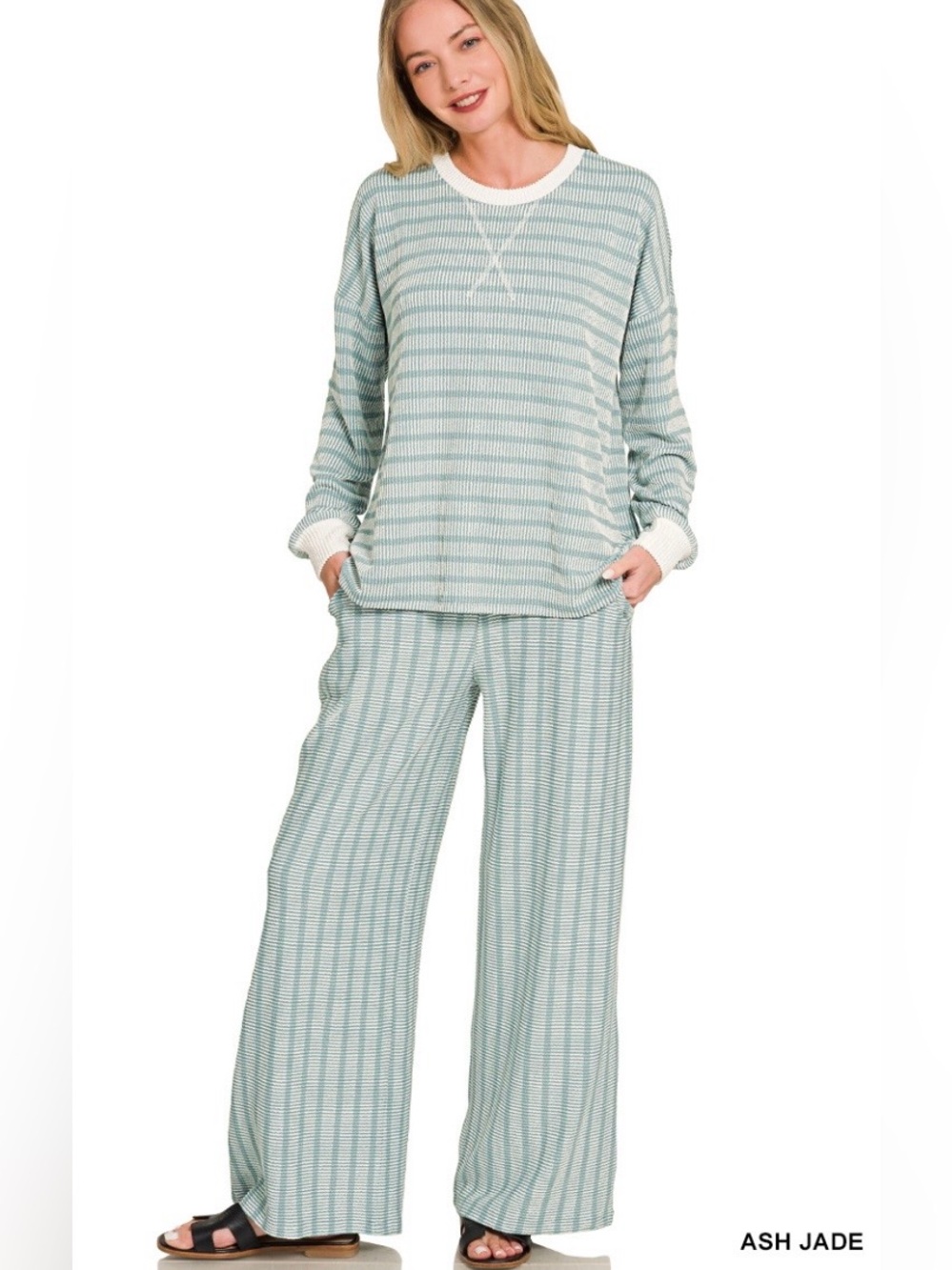 Zenana Outfitters Wide-Leg Jumpsuit in Ash Jade and White